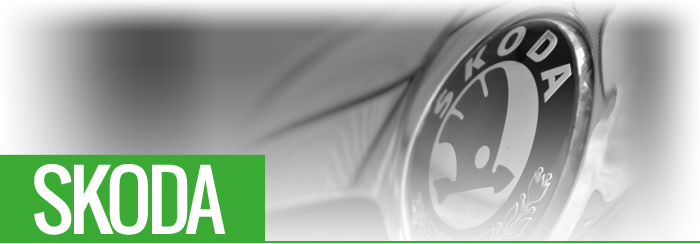 Main Skoda logo Skoda Servicing Title, with image of Skoda Manufacturer logo on front of car