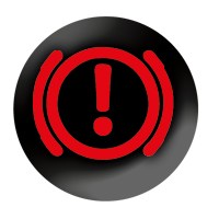 Brake fluid low Round black circle with red circle with exclamation mark in middle