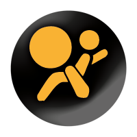 Airbag Black circle with yellow person sat in a seat with a seatbelt and an airbag
