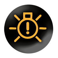 Bulb failure Black circle with a yellow out line of a bulb with an exclamation mark in the bulb and 3 lines wither side of the bulb
