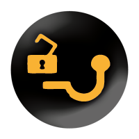Towing hitch lock Black circle with picture of a yellow towbar ball hitch and an open padlock