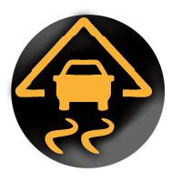 ESP Black circle with a yellow triangle with a outline of a car in the triangle and 2 s shaped lines under the car