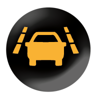 Lane change assist Black circle with a yellow car and 3 dotted lines either side