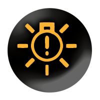 Bulb warning Black circle with a yellow bulb outline with an exclamation mark inside and 7 lines ont he outside of the bulb